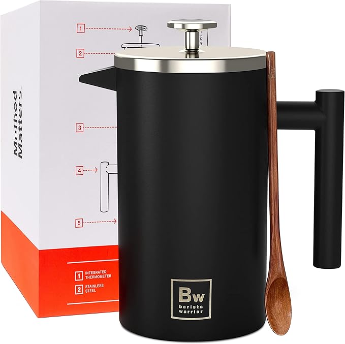 Barista Warrior French Press with Thermometer - Insulated Coffee Press - Stainless Steel Coffee Maker (1.0L | 34 fl oz) (Black)