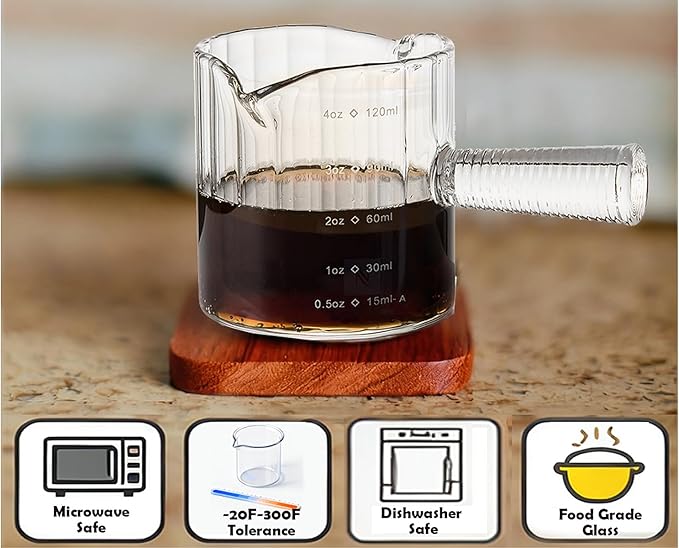 Espresso Cups Set of 2, 4 OZ Glass Double Spouts Cups, Shot Glasses, Milk Cup with Glass Handle for Dishwasher Safe, Espresso Accessories for Machine, Demitasse Cups, Small (Clear)