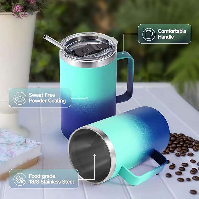 Volhoply 24oz Insulated Coffee Mug with Lid and Straw, Stainless Steel Travel Mugs with Handle, Double Wall Vacuum Leak Proof Coffee Tumbler Cup (Green Blue,1)