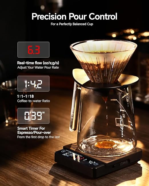 Espresso Coffee Scale with Timer & Flow Rate Indicator - 2kg/0.1g Precision Digital Scale with Waterproof Silicone Mat for Pour Over, Coffee Bean Weight, Kitchen, Black