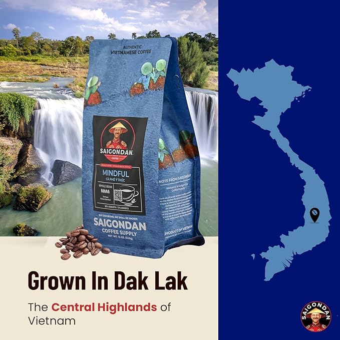 Vietnamese Coffee Beans – Saigondan Mindful Dark Roast Whole Bean – 85% Robusta 15% Arabica – Premium Single Origin, Direct Trade Vietnamese Coffee – 12 oz