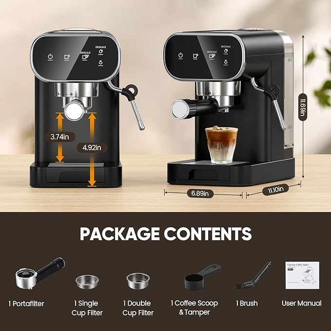 Espresso Machine 20 Bar, Home Espresso Maker with Touchscreen & Steam Milk Frother, Fast Heat-Up Coffee Machine with 48oz Removable Tank for Cappuccino, Latte, Americano, Black