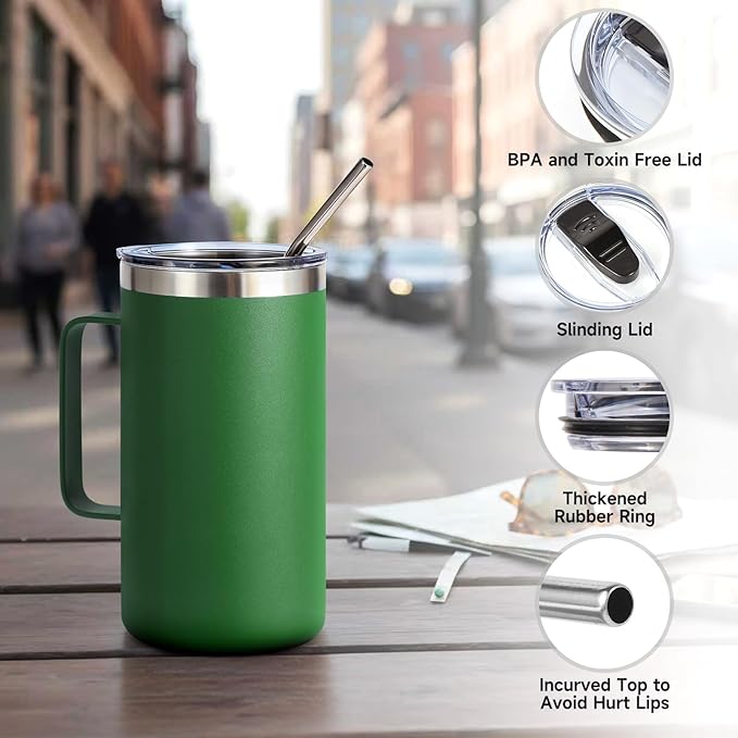 Volhoply 24oz Insulated Coffee Mug with Lid and Straw, Stainless Steel Travel Mugs with Handle, Double Wall Vacuum Leak Proof Coffee Tumbler Cup (Army Green,1)