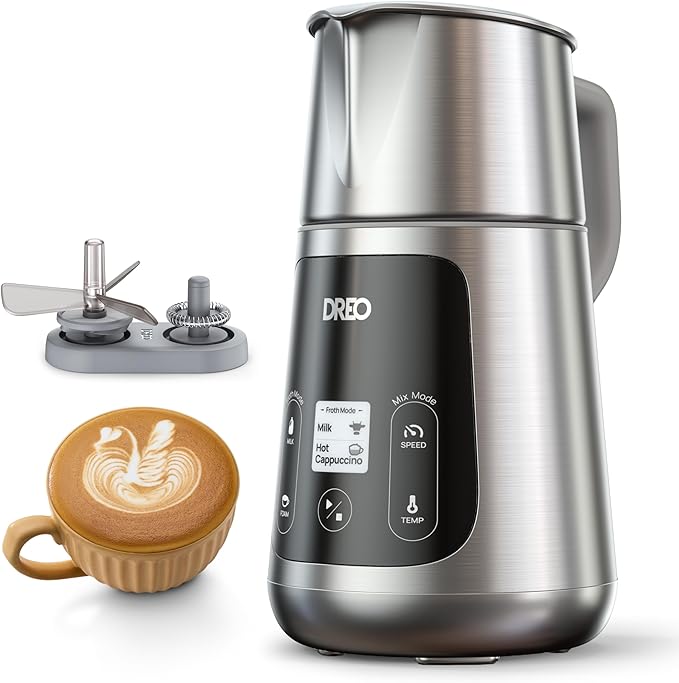 DREO Milk Frother [Upgraded], All-in-1 Electric Foam Maker for Coffee, 15oz/450ml Automatic Foam Frother for Latte Art-level Microfoam, 30+ Drinks, Easy to Clean, Dishwasher Safe, LED display
