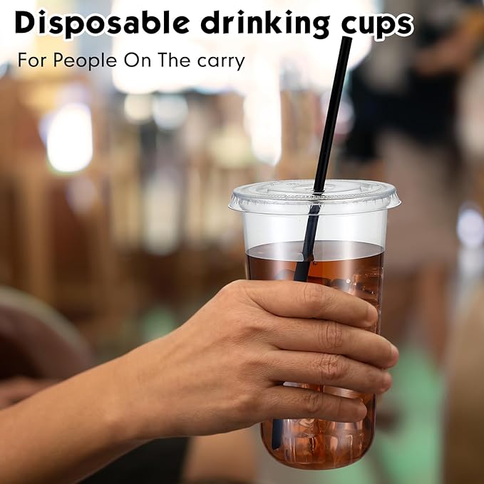 100 Set 20 oz Clear Plastic Cups with Lids and Straws, Disposable Iced Coffee PET Cups for Drinking Cold Beverage Juice Parfait Smoothie Milkshake Coffee Shops Party Supplies