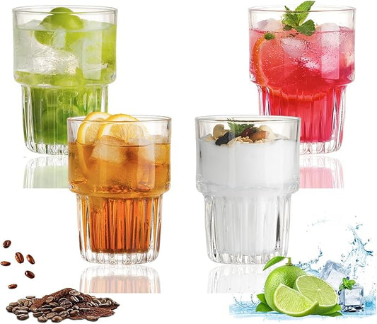 11oz Drinking Glasses Set of 4, Juice Glasses Stackable Tall Glass Mugs for Tea Iced latte Coffee Glass, Beer Glasses, Cocktail Glasses,Water glasses for bar, restaurant