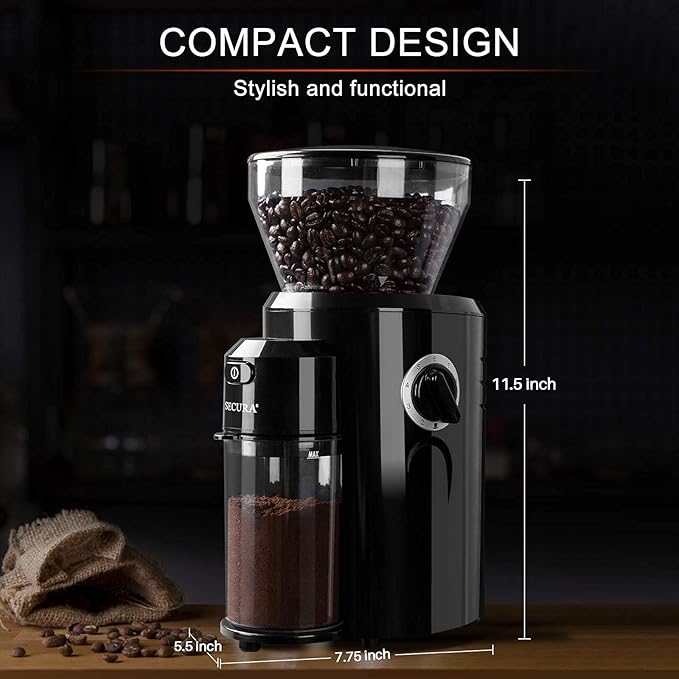 Secura Conical Burr Coffee Grinder, Electric Coffee Grinder with 18 Grind Settings, Adjustable Burr Mill Coffee Bean Grinder for 2-10 Cups
