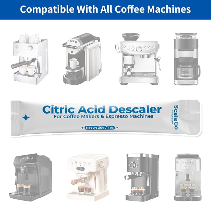scalego Coffee Machine Cleaner & Descaler | Citric Acid Descaling Powder | Pre-measured Package for Mess-Free Use & Storage | Removes Limescale | Compatible with Keurig, Nespresso, Breville | 4 Uses