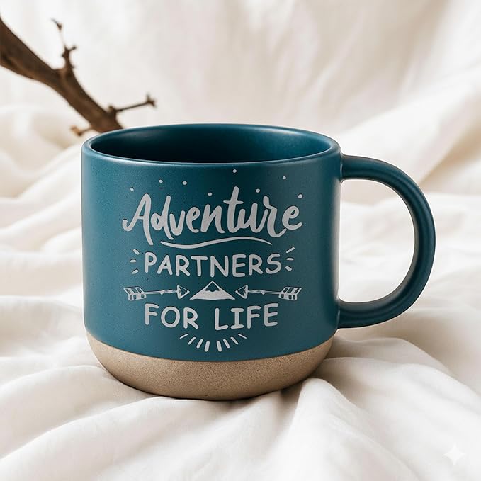 Personalized Adventure Couple Pottery Mug 12oz, Custom Mountain Design Coffee Mug with Names & Date, Engagement, Wedding & Anniversary for Couples