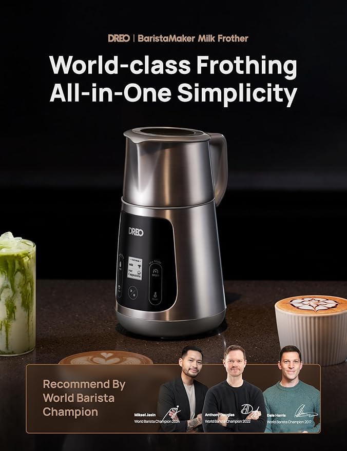 DREO Milk Frother [Upgraded], All-in-1 Electric Foam Maker for Coffee, 15oz/450ml Automatic Foam Frother for Latte Art-level Microfoam, 30+ Drinks, Easy to Clean, Dishwasher Safe, LED display