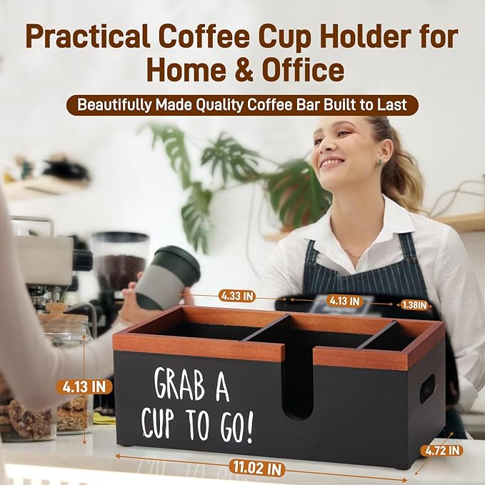 100% Wooden Coffee Cups Holder with U-Shape Cutout Design for Countertop-Coffee Bar Organizer for Cups, Lids, Pods, Stirrers, and Accessories, Great Gift for Home or Office