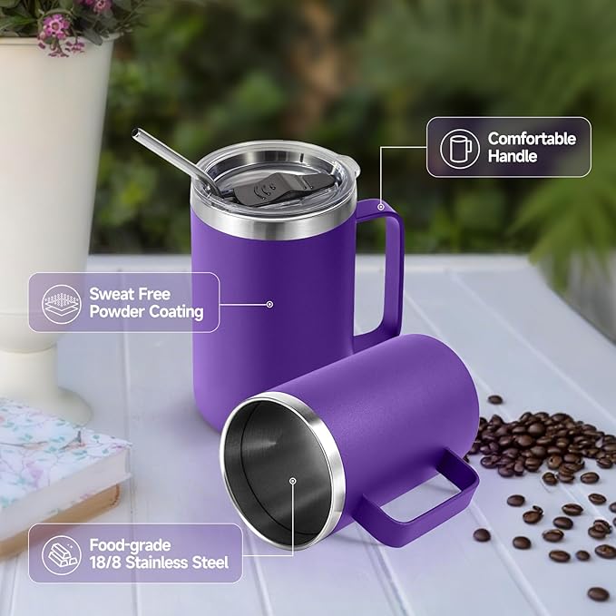 Volhoply 16oz Insulated Coffee Mug with Lid and Straw, Stainless Steel Travel Mugs with Handle, Double Wall Vacuum Leak Proof Coffee Tumbler Cup (Purple,1)