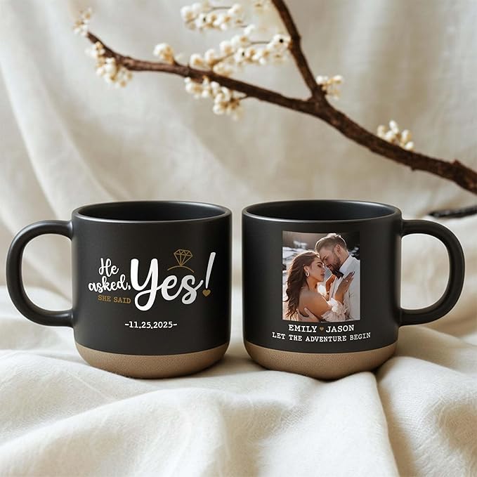 Personalized Engagement Photo Pottery Mug 12oz, She Said Yes Coffee Mug, Custom Couple Picture Mug, Wedding & Anniversary for Couple