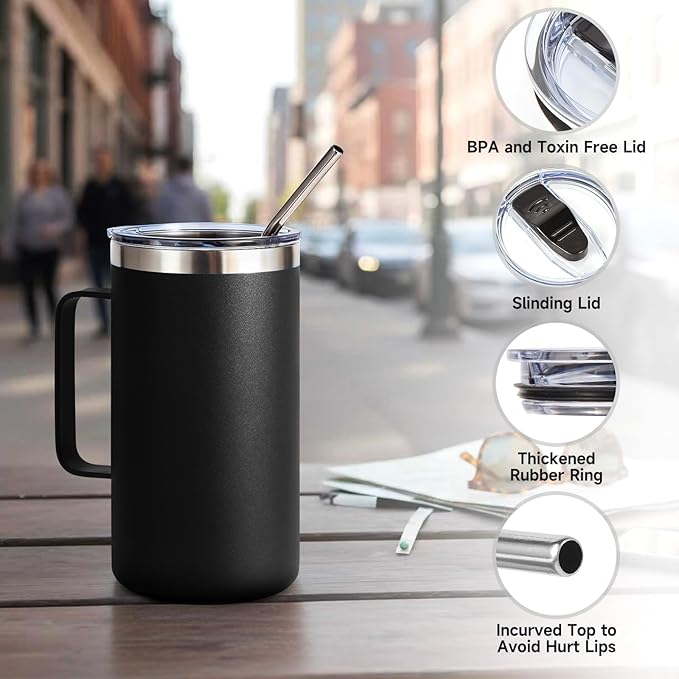 Volhoply 24oz Insulated Coffee Mug with Lid and Straw, Stainless Steel Travel Mugs with Handle, Double Wall Vacuum Leak Proof Coffee Tumbler Cup (Black,2)