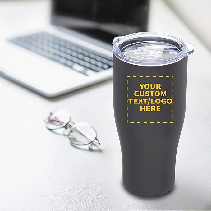 Custom Stainless Steel Grip Travel Mugs 27 oz. Set of 100, Personalized Bulk Pack - Perfect for Coffee, Soda, Other Hot & Cold Beverages - Smoke