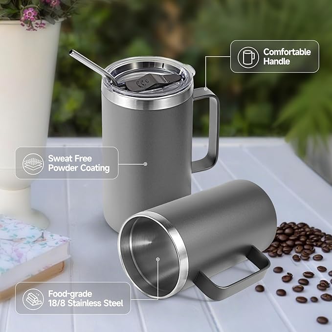 Volhoply 24oz Insulated Coffee Mug with Lid and Straw, Stainless Steel Travel Mugs with Handle, Double Wall Vacuum Leak Proof Coffee Tumbler Cup (Gray,1)