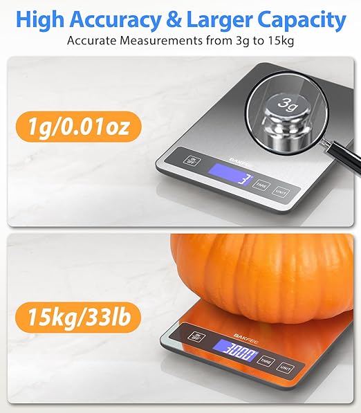 Food Scale - 15kg/33lb Digital Kitchen Scale with Full-View LCD Display, Grams and Ounces, Easy Clean Stainless Steel, 6 Units with Tare Function, Precise for Baking, Cooking & Meal Prep, Grey