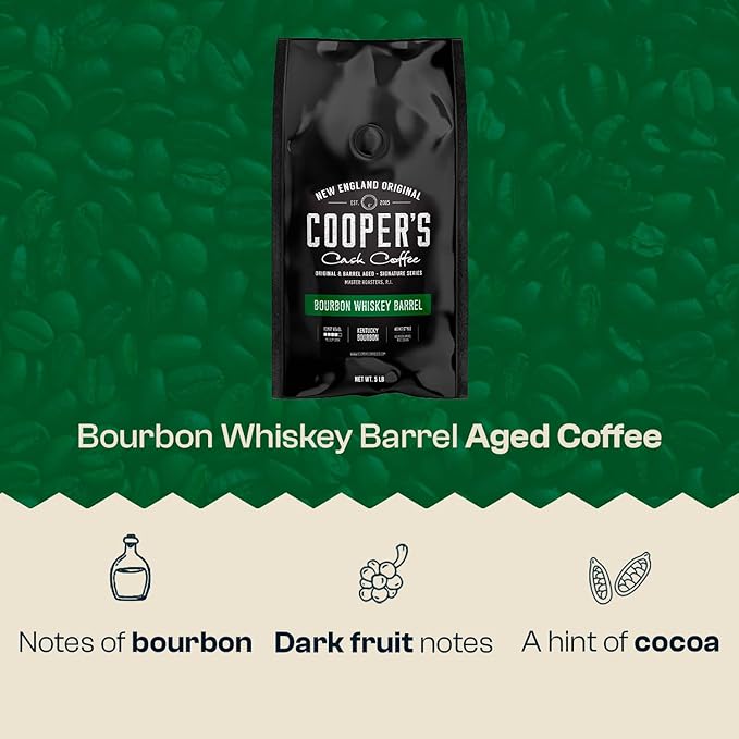 Bourbon Barrel Aged Coffee, Single-Origin Colombian Beans Aged in Kentucky Bourbon Whiskey Barrels, Medium Dark Roast Whole Bean, 5 lb