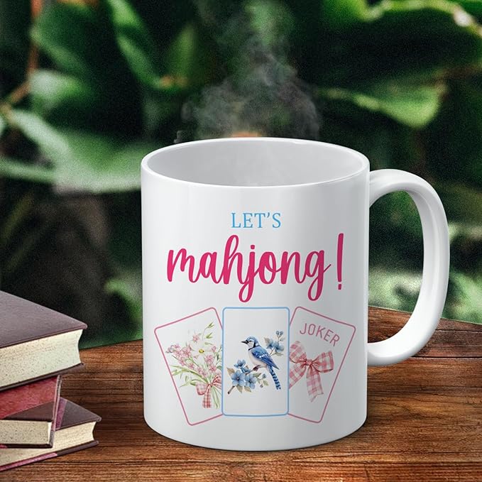 Coquette Bow Floral Bird Mahjong Mug, Mahjong Gifts for Women Coffee Cup Ceramic, Gifts for Mah Jong Lovers Players Ceramic Coffee Tea Mug 11 oz
