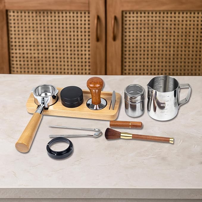 28PCS Espresso Accessories Kit,51mm Espresso Tamper Tools,Includes Wood Station,Distributor,Stirrer,Dosing Funnel,Brush,Puck Screen,Frothing Pitcher,Latte Pen,Powder Ring,Towel,Decorative Stencils
