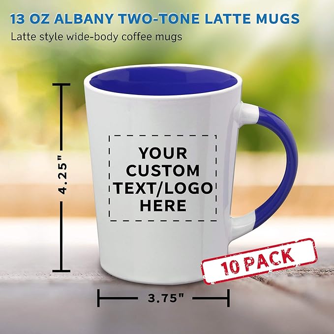 Custom Ceramic Latte Coffee Mugs by Albany 13 oz. Set of 10, Personalized Bulk Pack - Perfect for Coffee, Tea, Espresso, Hot Cocoa, Other Beverages - Cobalt Blue