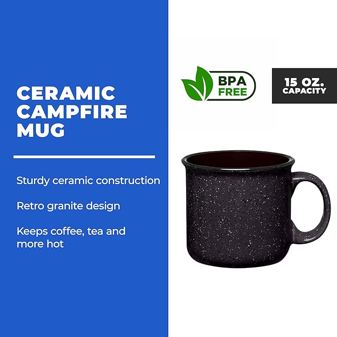 Gifts by Design Set of 8 Ceramic Campfire Mugs – 15 Oz, Black – Coffee & Tea Cups for Home, Work, Travel, Camping – Customizable, Great for DIY, Events, Companies