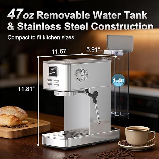 Espresso Machine 20 Bar, Compact Espresso Coffee Machine with Steam Milk Frother & 47oz Removable Water Tank, Hot Water Function for Home Cappuccino, Latte