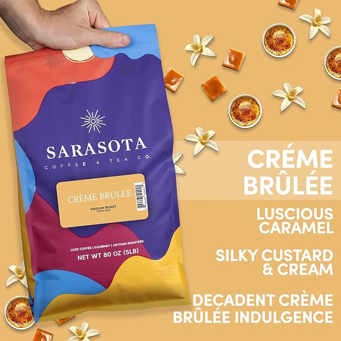 Sarasota Coffee Whole Bean Creme Brulee | Medium Roast Gourmet Flavored Coffee Beans | Low Acid, Mold Free, Specialty Grade Bulk Beans | 5lb (80 oz)