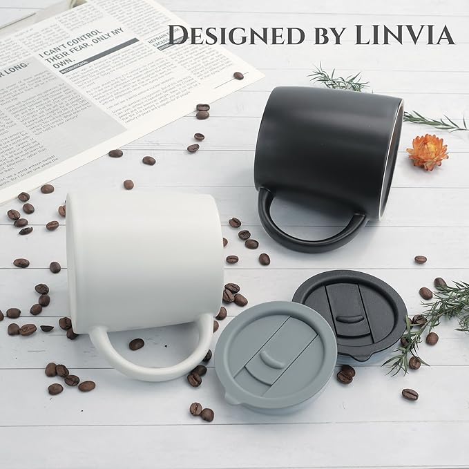 LINVIA Classic Mug, 14 oz Large Coffee Mug with Handle, Ceramic Porcelain Tea Cup, Smooth Matte (Sliding Lid, Set of 2, White and Black)