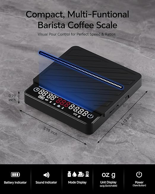 Espresso Coffee Scale with Timer & Flow Rate Indicator - 2kg/0.1g Precision Digital Scale with Waterproof Silicone Mat for Pour Over, Coffee Bean Weight, Kitchen, Black