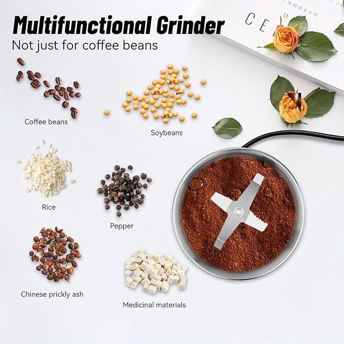 Electric Coffee and Spice Grinder featuring Quad-Blade System & Extra-Long Cable, with Clear Lid for Monitoring Grind of Beans and Herbs