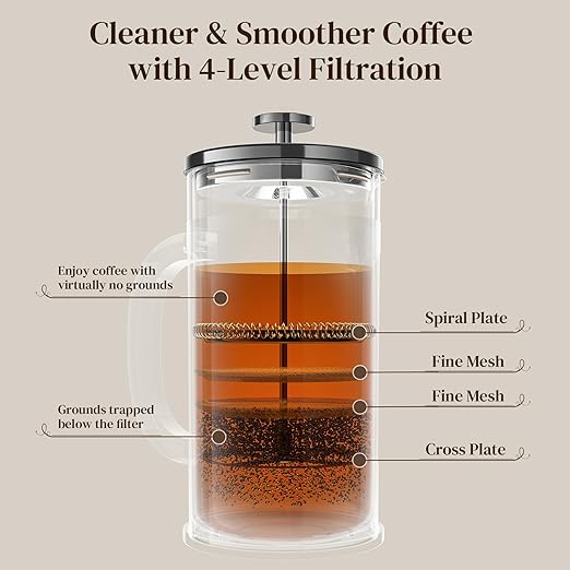 Veken French Press Coffee Maker 34oz,No Plastic Touching Cafe,Thickened Borosilicate Glass Stainless Steel Brewer,Cold Brew Cafetera Teapot for Kitchen Travel Camping,Gifts,Bar Accessories,Dark Pewter