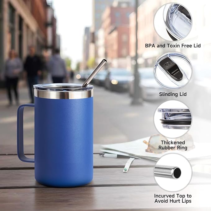 Volhoply 16oz Insulated Coffee Mug with Lid and Straw, Stainless Steel Travel Mugs with Handle, Double Wall Vacuum Leak Proof Coffee Tumbler Cup (Blue,1)