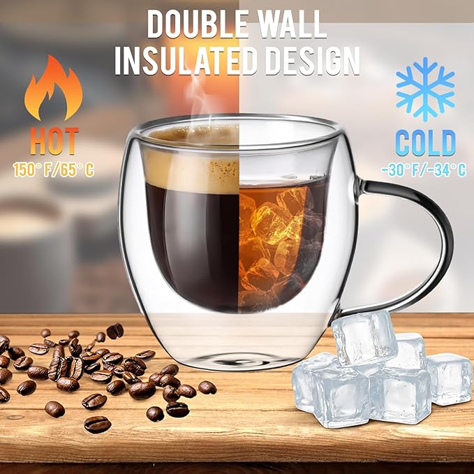 Espresso Cups Set of 8 Double Wall 5oz Hand Blown Glass Coffee Mugs Clear Insulated Glass Coffee Shots Cups with Handle for Espresso Machine, Cappuccino, Latte, Tea