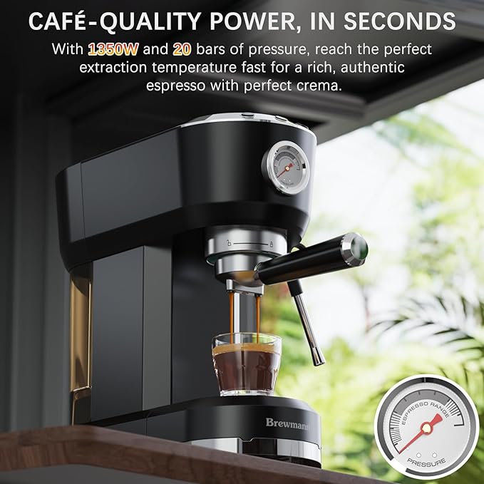 Espresso Machine with Powerful Steam Milk Frother, 20 Bar Coffee Machine for Latte, Cappuccino, Compact Espresso Maker for Home, Fast Heating, 42oz Removable Water Tank, Black