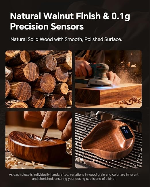 Digital Dosing Cup with LED Display - Mini Rechargeable Wood Coffee Bean Scale Cup and Spray Bottle Kit, Kitchen Measuring Accessory for Espresso, Tea, Coffee Lover Gifts, Walnut