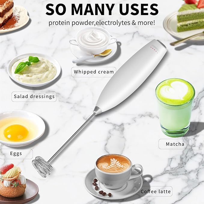 Powerful Milk Frother for Coffee with Upgraded Titanium Motor - Handheld Frother Electric Whisk-White