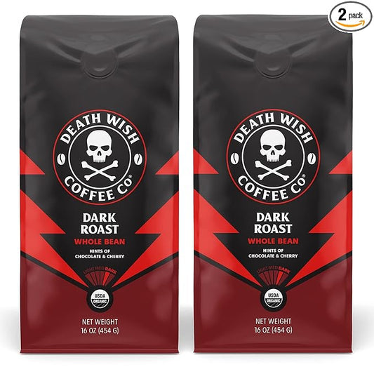 Death Wish Coffee, Whole Bean Dark Roast - USA Organic Coffee Beans Bundle/Bulk - Fair Trade Arabica & Robusta - 16 Ounce (Pack of 2)