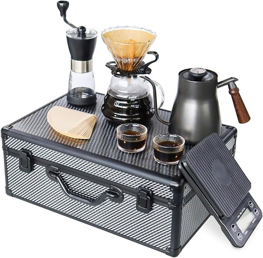 SOTECH Manual Coffee Maker Set with 850ml Stainless Steel Kettle, All in One Coffee Brewing Kit, Hand grinder, Travel Case for Outdoor Camping, Office