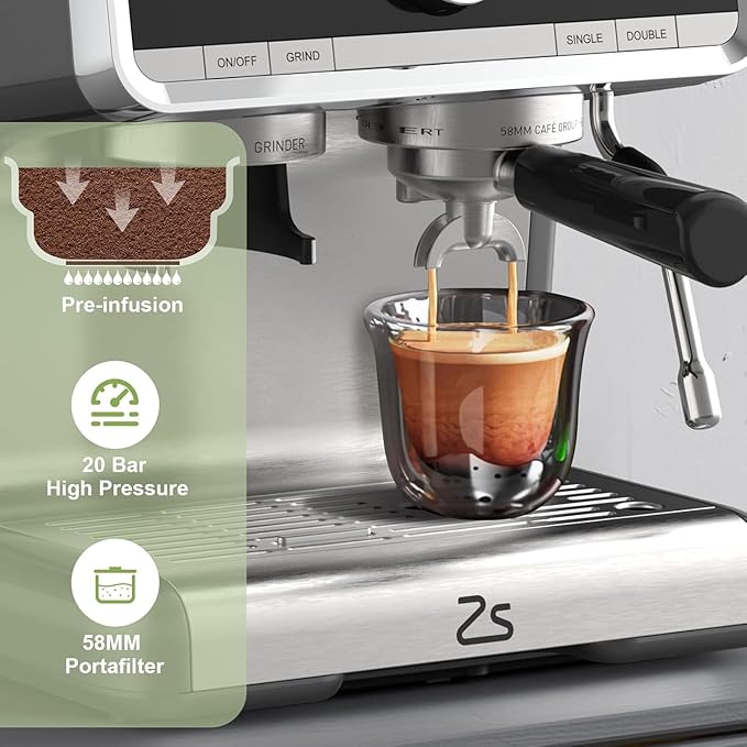 Espresso Machine With Grinder, 20 Bar Professional Coffee Maker With Milk Frother Steam Wand for Cappuccino, Latte, Macchiato, 95 oz Removable Water Tank, Smart PID Temperature Control,Gray