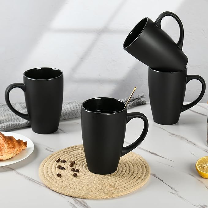 BYCNZB 20oz Extra Large Ceramic Tall Coffee Mugs Set for Coffee Tea Hot Cocoa set of 4 Dishwasher & Microwave Safe (Matte black)