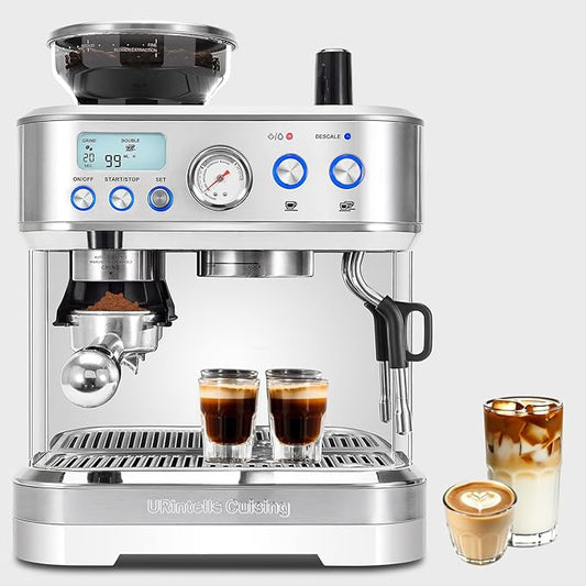 Espresso Machine with Grinder, Stainless Steel Coffee Maker with 58MM Portafilter & Milk Frother, Barista Coffee Machine for Cappuccino, Latte, Expresso Machines for Home