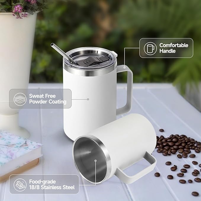 Volhoply 16oz Insulated Coffee Mug with Lid and Straw, Stainless Steel Travel Mugs with Handle, Double Wall Vacuum Leak Proof Coffee Tumbler Cup (White,2)