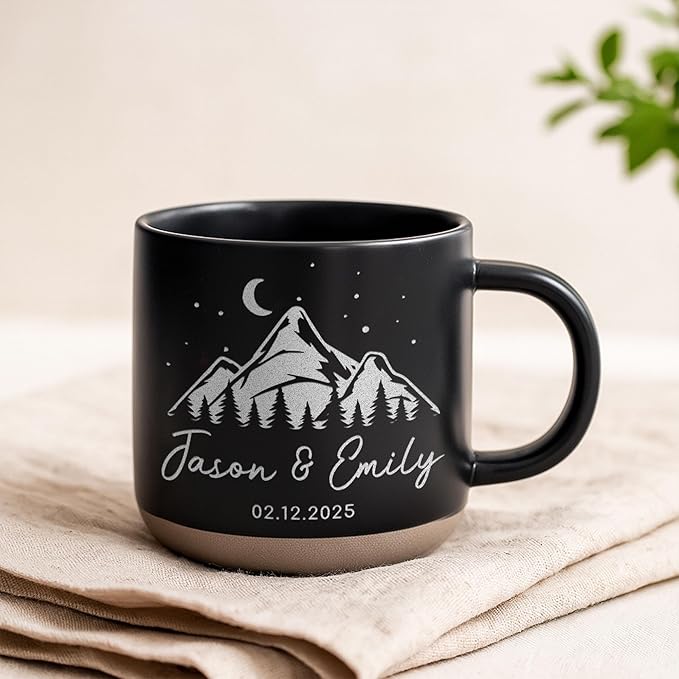 Personalized Adventure Couple Pottery Mug 12oz, Custom Mountain Design Coffee Mug with Names & Date, Engagement, Wedding & Anniversary for Couples