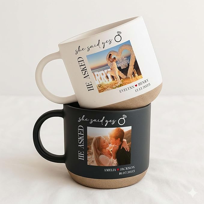 Personalized She Said Yes Engagement Photo Pottery Mug 12oz, Custom Couple Picture Mug with Names & Date, Wedding and Anniversary for Couple