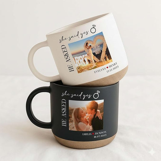 Personalized She Said Yes Engagement Photo Pottery Mug 12oz, Custom Couple Picture Mug with Names & Date, Wedding and Anniversary for Couple