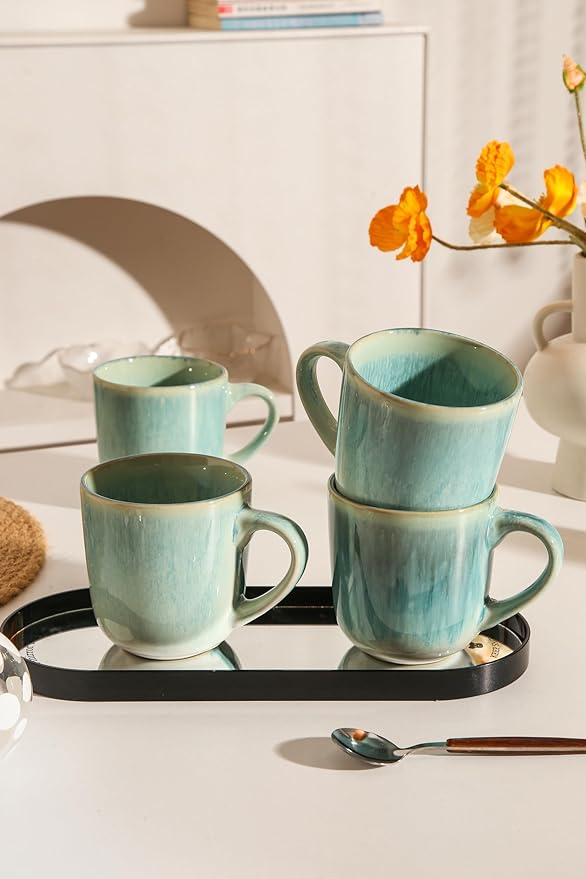 Stoneware Coffee Mugs Set of 4, 12 oz Aqua Ceramic Coffee Cups Microwave and Dishwasher Safe Stackable Coffee Mug Set with Easy Grip Handle for Home Kitchen Office Gift Set