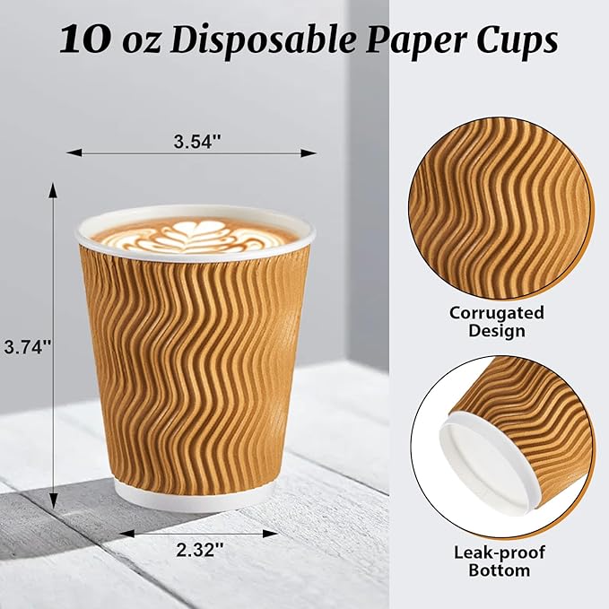 120 Pack 10 oz Coffee Cups, Disposable Corrugated Insulated Ripple Wall Paper Coffee Cups 12oz for Hot or Cold Drinks Office Home Cafe Party Travel (Champagne)