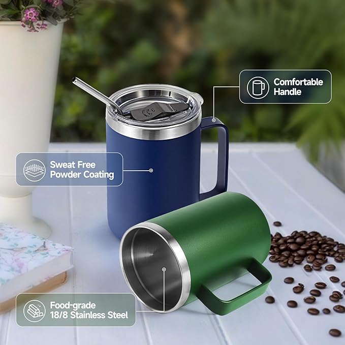 Volhoply 16oz Insulated Coffee Mug with Lid and Straw, Stainless Steel Travel Mugs with Handle, Double Wall Vacuum Leak Proof Coffee Tumbler Cup (Assort Color,2)