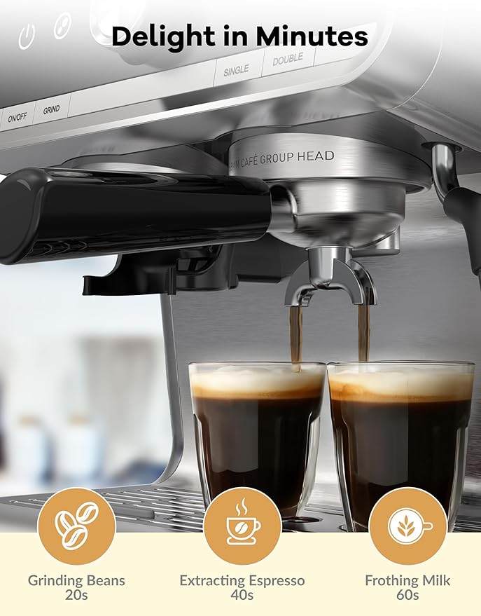 Espresso Machine with Grinder, 20 Bar Semi-Automatic Coffee Maker with Milk Frother Steam Wand, PID Temperature Control, 95 OZ Water Tank, for Cappuccino, Latte, Macchiato, Home Barista, Light Gray
